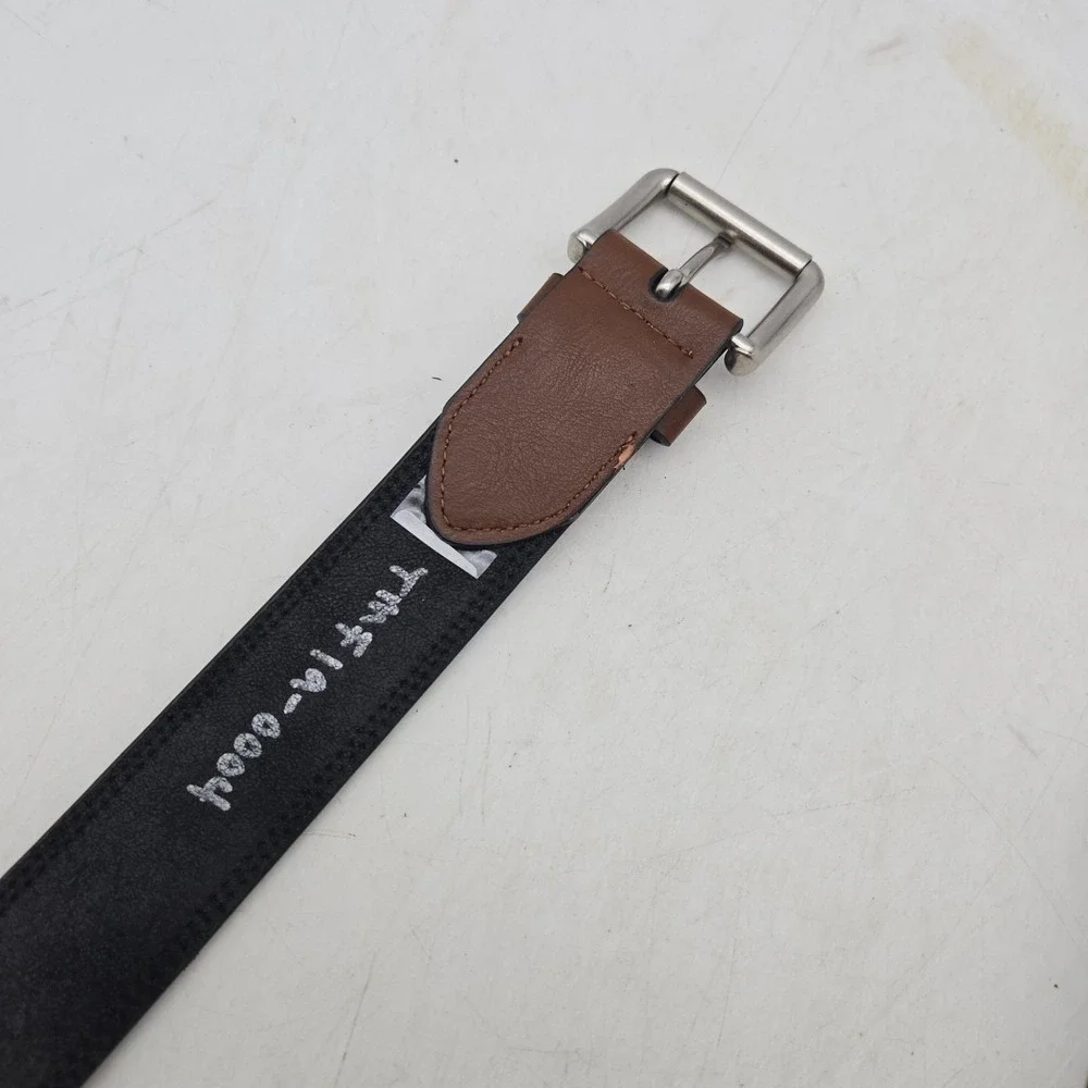 Tommy Hilfiger Belt Black Brown Leather Mens 38 Nickel Buckle NWOT